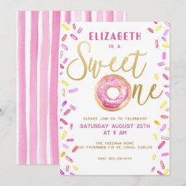 Sweet One Donut Girl 1st Birthday Party Roze Kaart