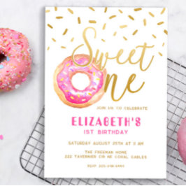 Sweet One Donut Girl 1st Birthday Pink Gold Party Kaart