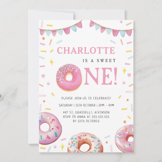 Sweet One Donut Pink eerste verjaardagsfeestje Kaart (Voorkant)
