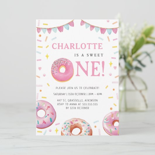 Sweet One Donut Pink eerste verjaardagsfeestje Kaart (Staand voorkant)