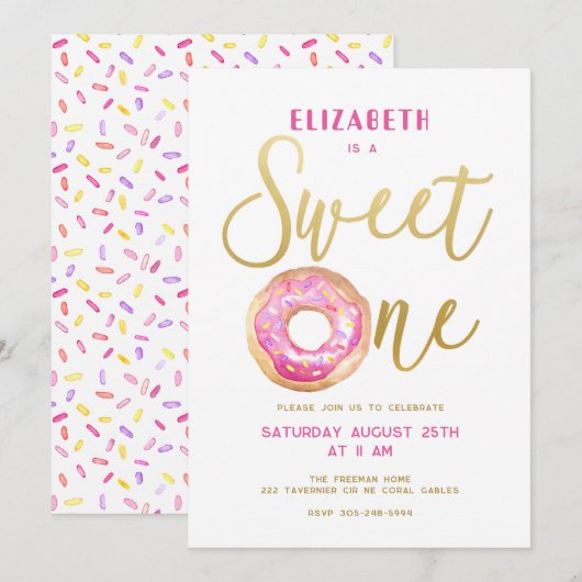Sweet One Donut Sprinkle Girl 1e verjaardag Kaart (Voorkant / Achterkant)