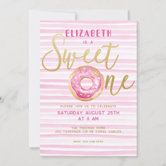 Sweet One Donut Stripe Pink 1e verjaardag Kaart (Voorkant)