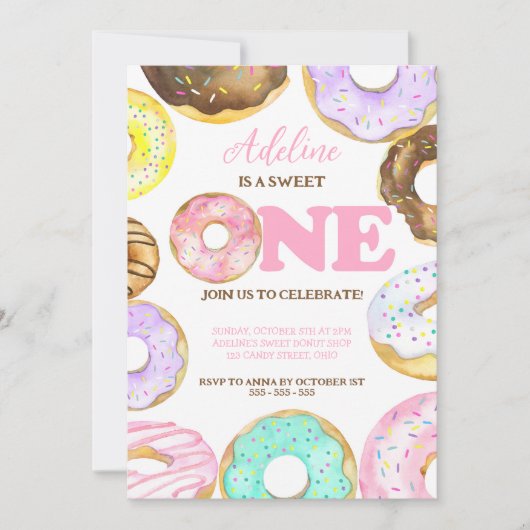 Sweet One Donuts 1st Birthday Meisje Waterverf Kaart (Voorkant)