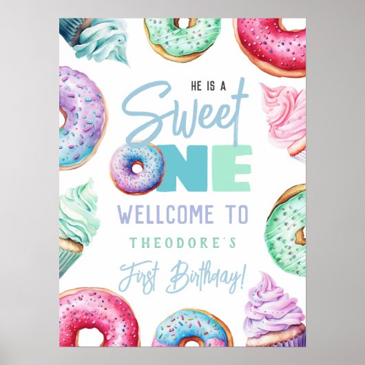 Sweet One Donuts Boy 1st Birthday Welcome Party Poster (Voorkant)