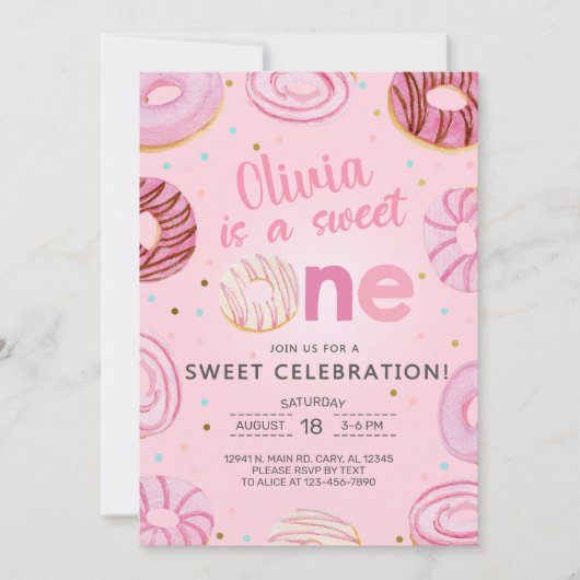 Sweet One donuts girl, eerste verjaardag uitnodigi Kaart (Voorkant)