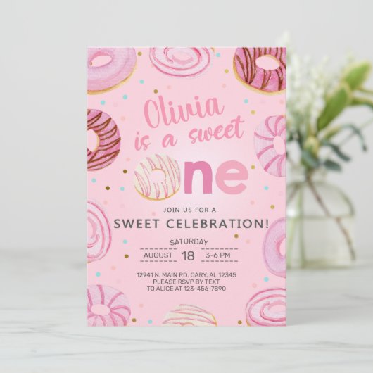 Sweet One donuts girl, eerste verjaardag uitnodigi Kaart (Staand voorkant)