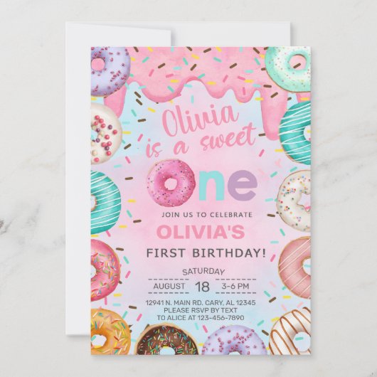 Sweet One donuts girl, eerste verjaardag uitnodigi Kaart (Voorkant)