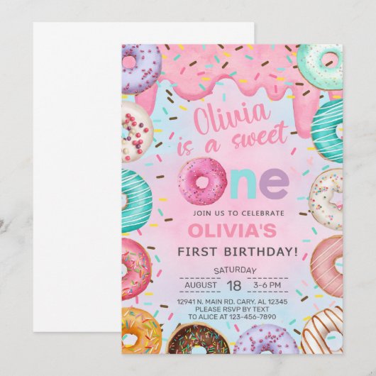 Sweet One donuts girl, eerste verjaardag uitnodigi Kaart (Voorkant / Achterkant)
