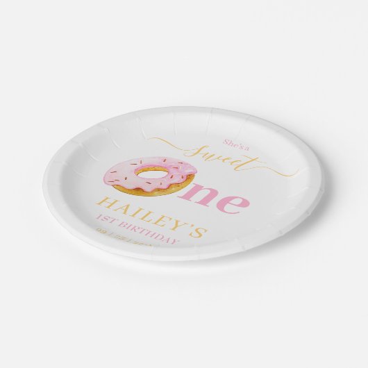 Sweet One Donuts Verjaardag Uitnodiging, Meisjes 1 Papieren Bordje (Gekanteld)