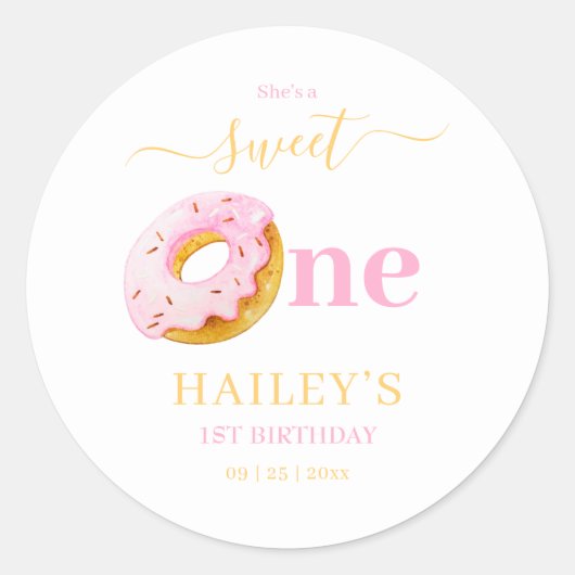 Sweet One Donuts Verjaardag Uitnodiging, Meisjes 1 Ronde Sticker (Voorkant)