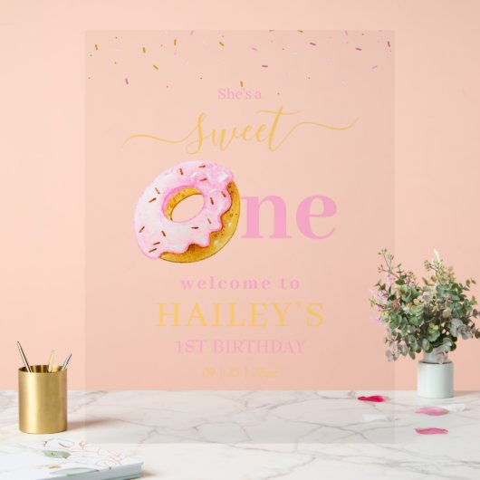 Sweet One Donuts verjaardagsuitnodiging, roze donu Acryl Bord (Huwelijk)