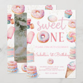 Sweet One First Birthday Fotouitnodiging Kaart (Voorkant / Achterkant)