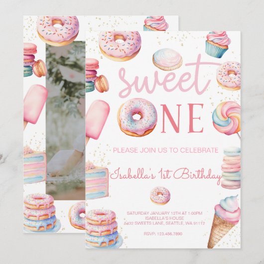 Sweet One First Birthday Fotouitnodiging Kaart (Voorkant / Achterkant)