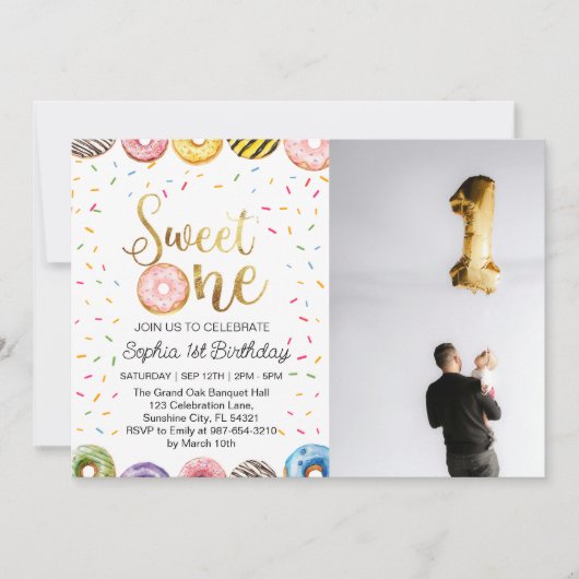 Sweet One First Birthday Invitation, Donut 1st Feestdagenkaart (Voorkant)