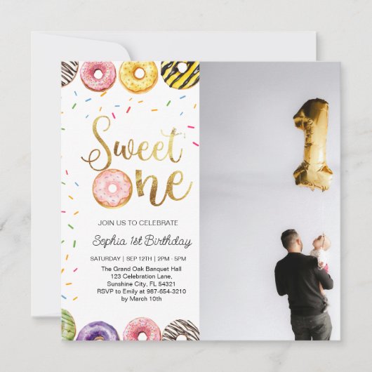 Sweet One First Birthday Invitation, Donut 1st Feestdagenkaart (Voorkant)