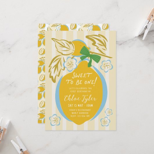 Sweet One First Birthday Invite Boy Lemon 1st Kaart (Voorkant / Achterkant in situ)