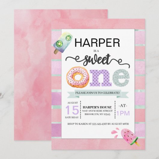Sweet One First Birthday Uitnodiging (Voorkant / Achterkant)