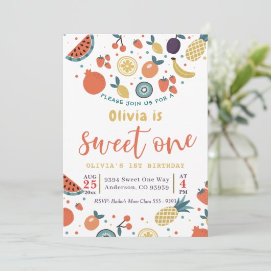 Sweet One Fruit 1e Verjaardagsfeestuitnodiging Kaart (Staand voorkant)