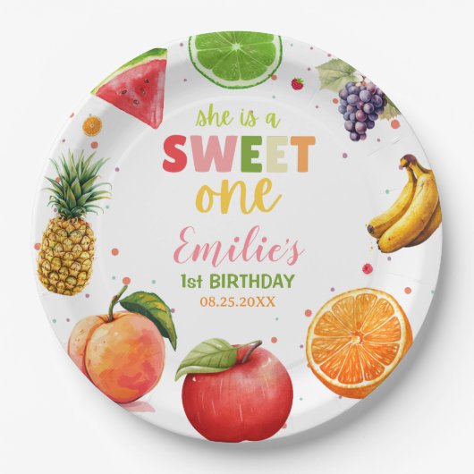 Sweet One Fruit 1st Verjaardag Bash, Zomerfeest Papieren Bordje (Voorkant)