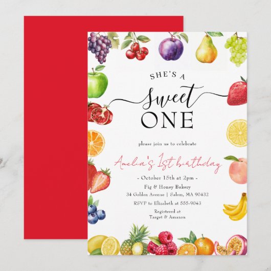 Sweet One Fruit Theme Meisjes 1e Verjaardag Kaart (Voorkant / Achterkant)