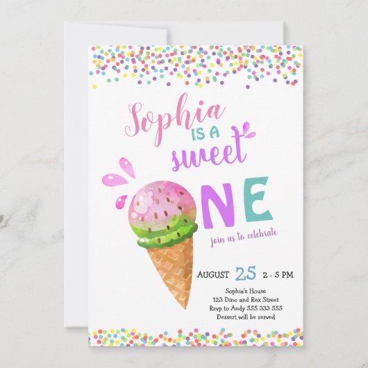 Sweet One Girl First Birthday Ice Cream Summer Kaart (Voorkant)