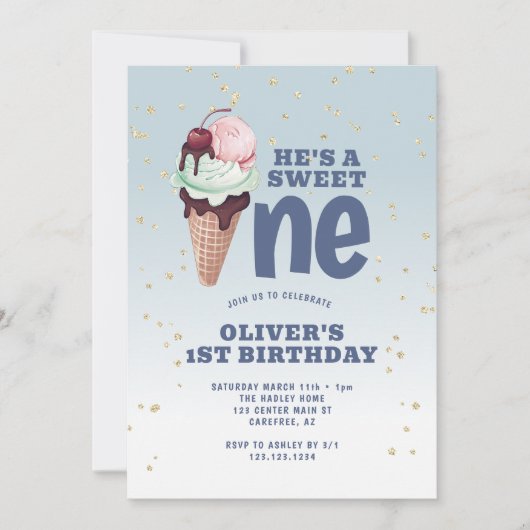 Sweet One Ice Cream Blauw 1e verjaardag Kaart (Voorkant)