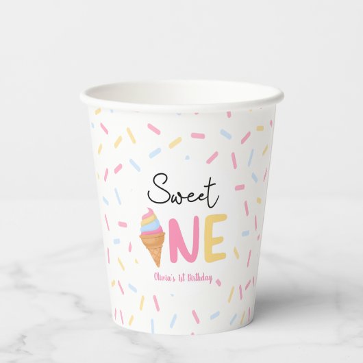 Sweet One Ice Cream Eerste 1e Verjaardagsfeest Papieren Bekers (Achterkant)