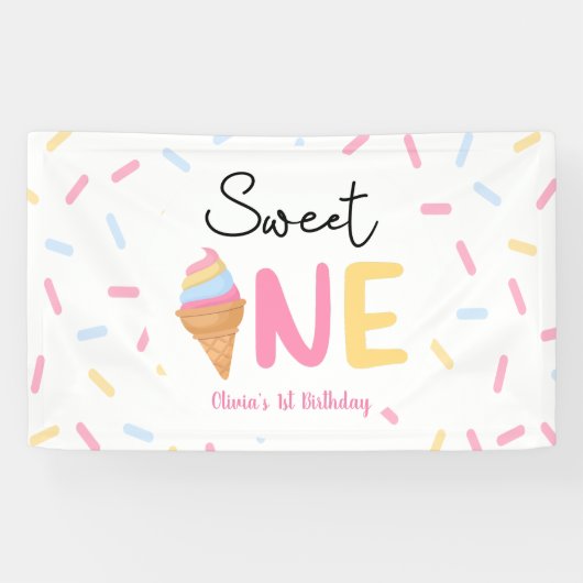 Sweet One Ice Cream Eerste 1e Verjaardagsfeest Spandoek (Horizontaal)