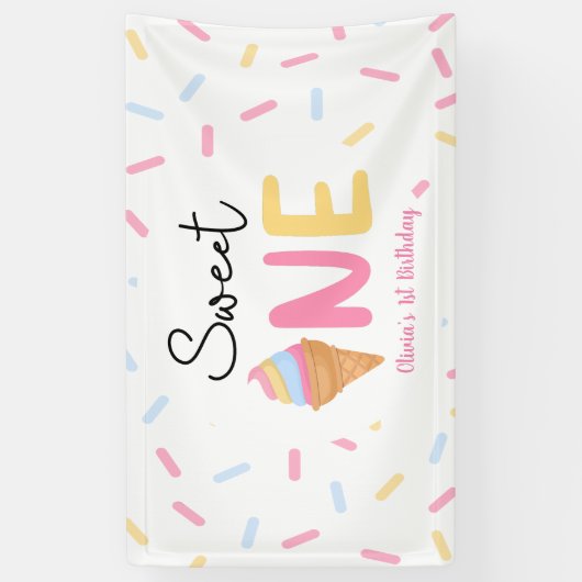 Sweet One Ice Cream Eerste 1e Verjaardagsfeest Spandoek (Verticaal)