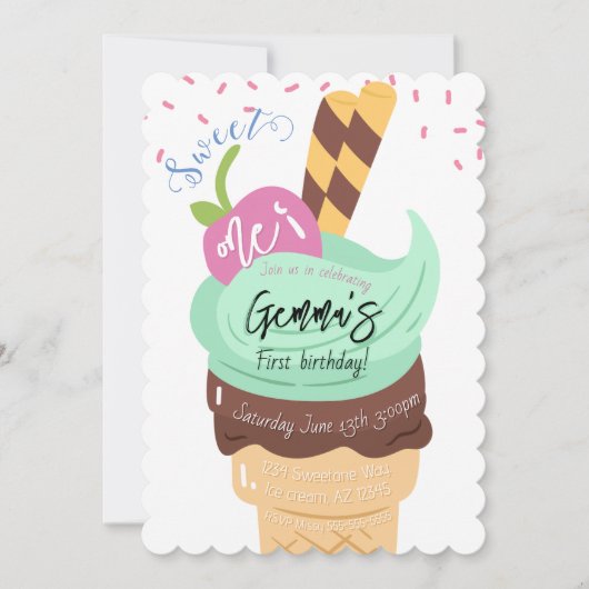 Sweet One Ice Cream Eerste Verjaardag Uitnodiging (Voorkant)
