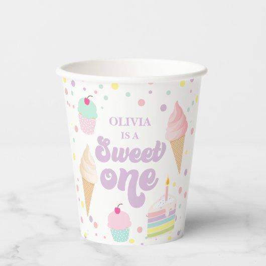 Sweet One Ice Cream en Cake 1e Verjaardag Papieren Bekers (Voorkant)