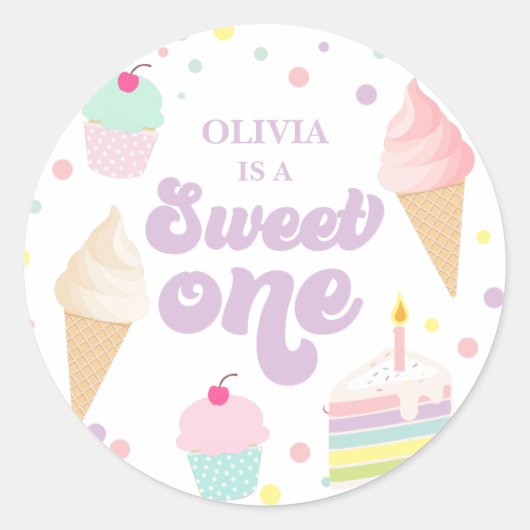 Sweet One Ice Cream en Cake 1e Verjaardag Ronde Sticker (Voorkant)