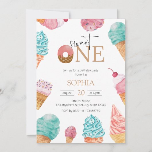Sweet One Ice Cream First Birthday Party Girl Kaart (Voorkant)