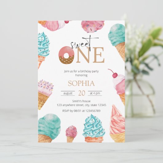 Sweet One Ice Cream First Birthday Party Girl Kaart (Staand voorkant)