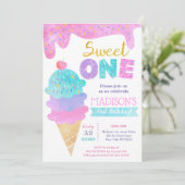 Sweet One Ice Cream First Birthday-uitnodigingen Kaart (Staand voorkant)