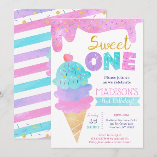 Sweet One Ice Cream First Birthday-uitnodigingen Kaart (Voorkant / Achterkant)