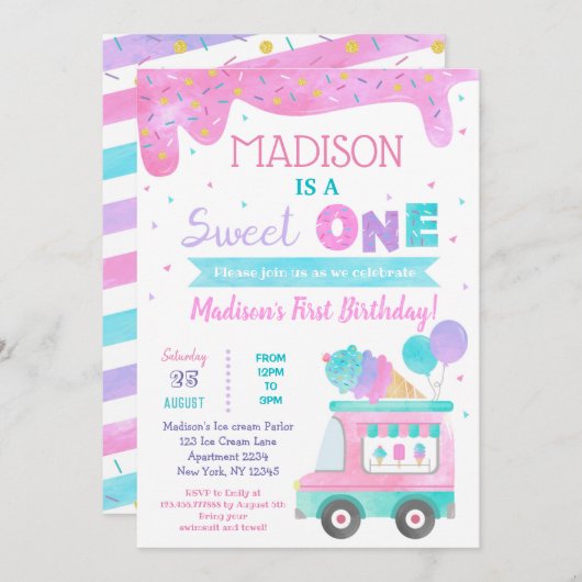 Sweet One Ice Cream First Birthday-uitnodigingen Kaart (Voorkant / Achterkant)