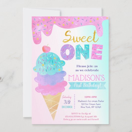 Sweet One Ice Cream First Birthday-uitnodigingen Kaart (Voorkant)