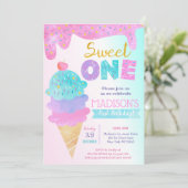 Sweet One Ice Cream First Birthday-uitnodigingen Kaart (Staand voorkant)