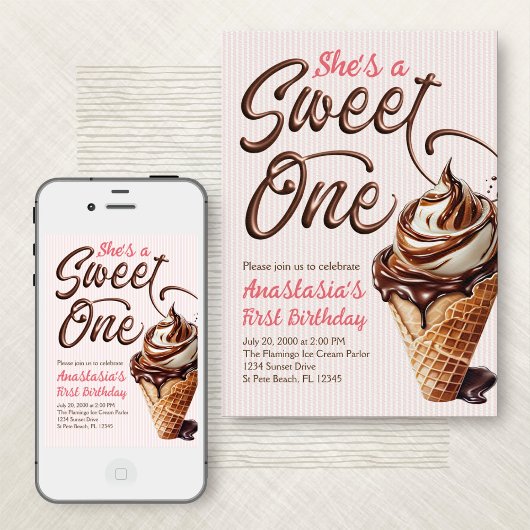 Sweet One Ice Cream Meisjes 1e Verjaardag Kaart