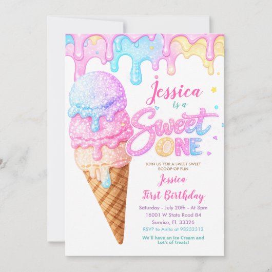 Sweet One Ice Cream Pastel Glitter Birthday  Kaart (Voorkant)
