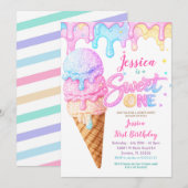 Sweet One Ice Cream Pastel Glitter Birthday  Kaart (Voorkant / Achterkant)