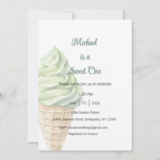 Sweet One Invitation, Ice Cream One Party Kaart (Voorkant)