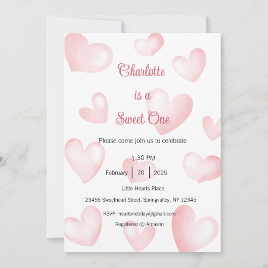 Sweet One Invitation, Sweetheart One Party, Heart Kaart (Voorkant)
