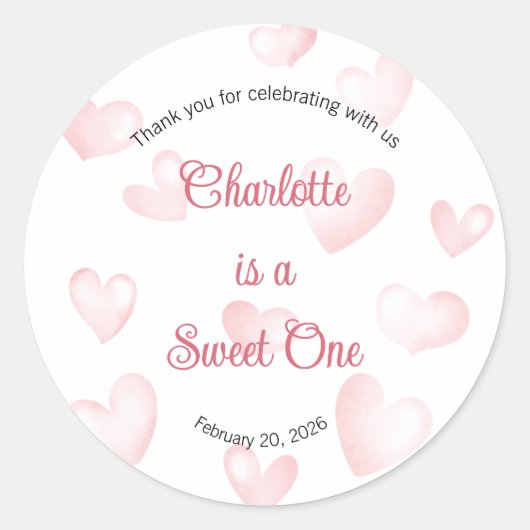 Sweet One Labels, Sweetheart One Party, Heart Ronde Sticker (Voorkant)