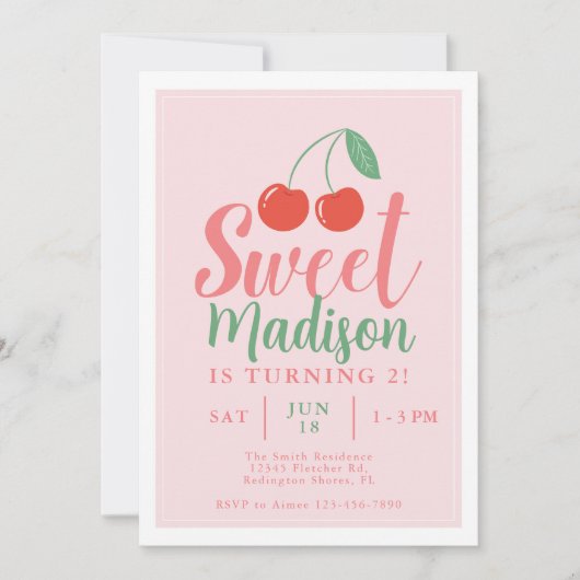 Sweet One Meisje Verjaardag Uitnodiging Cherry Zom (Voorkant)