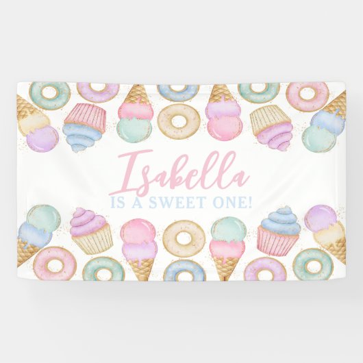 Sweet One Pastel 1st Birthday Party Backdrop Spandoek (Horizontaal)