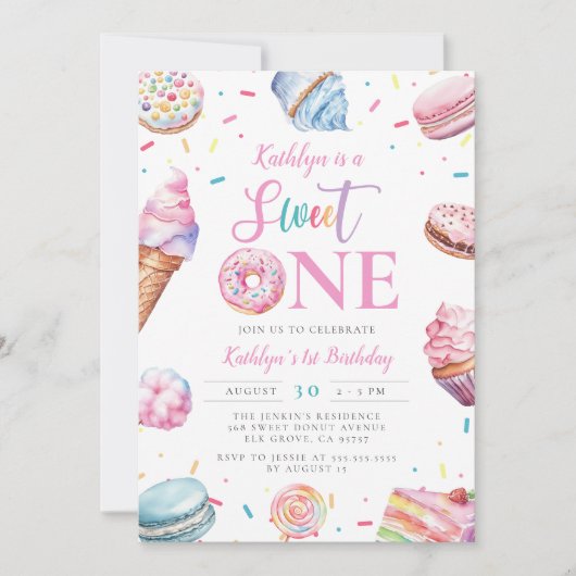 Sweet One Pastel Pink Donut Snoep eerste verjaarda Kaart (Voorkant)