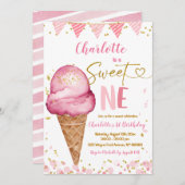Sweet One Pastel Roze Ice Cream 1e Verjaardag Kaart (Voorkant / Achterkant)