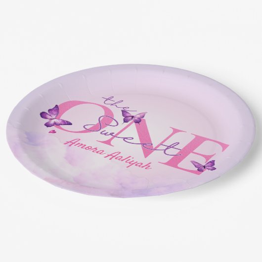 Sweet ONE Pastel Vlinder 1e Verjaardag Papieren Bordje (Gekanteld)